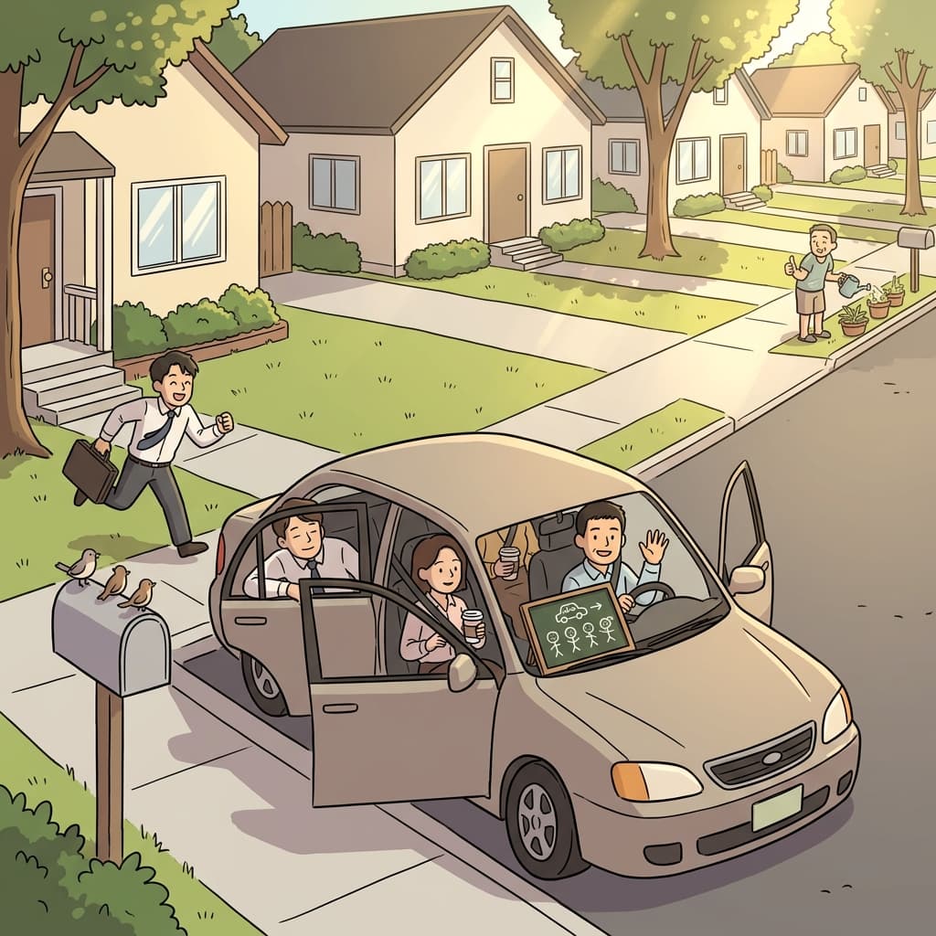 Four neighbors carpool to work together, splitting gas and laughing along the way.