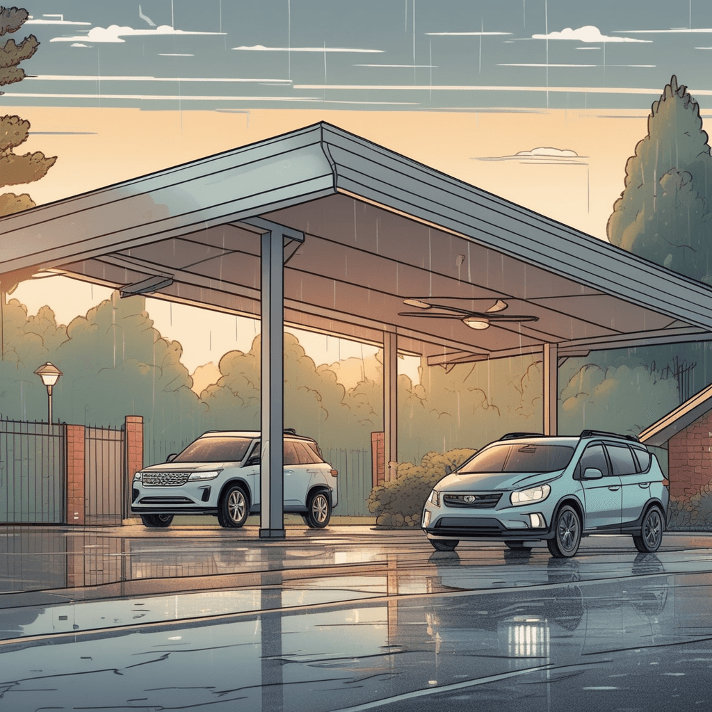 carport — A roofed structure with open sides for sheltering a parked vehicle (concept illustration)