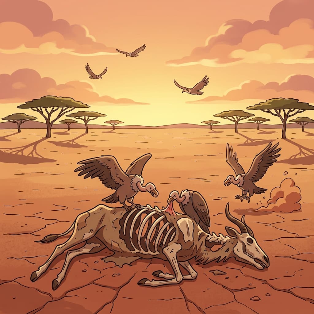Vultures circle over carrion left on the dry savanna plain.