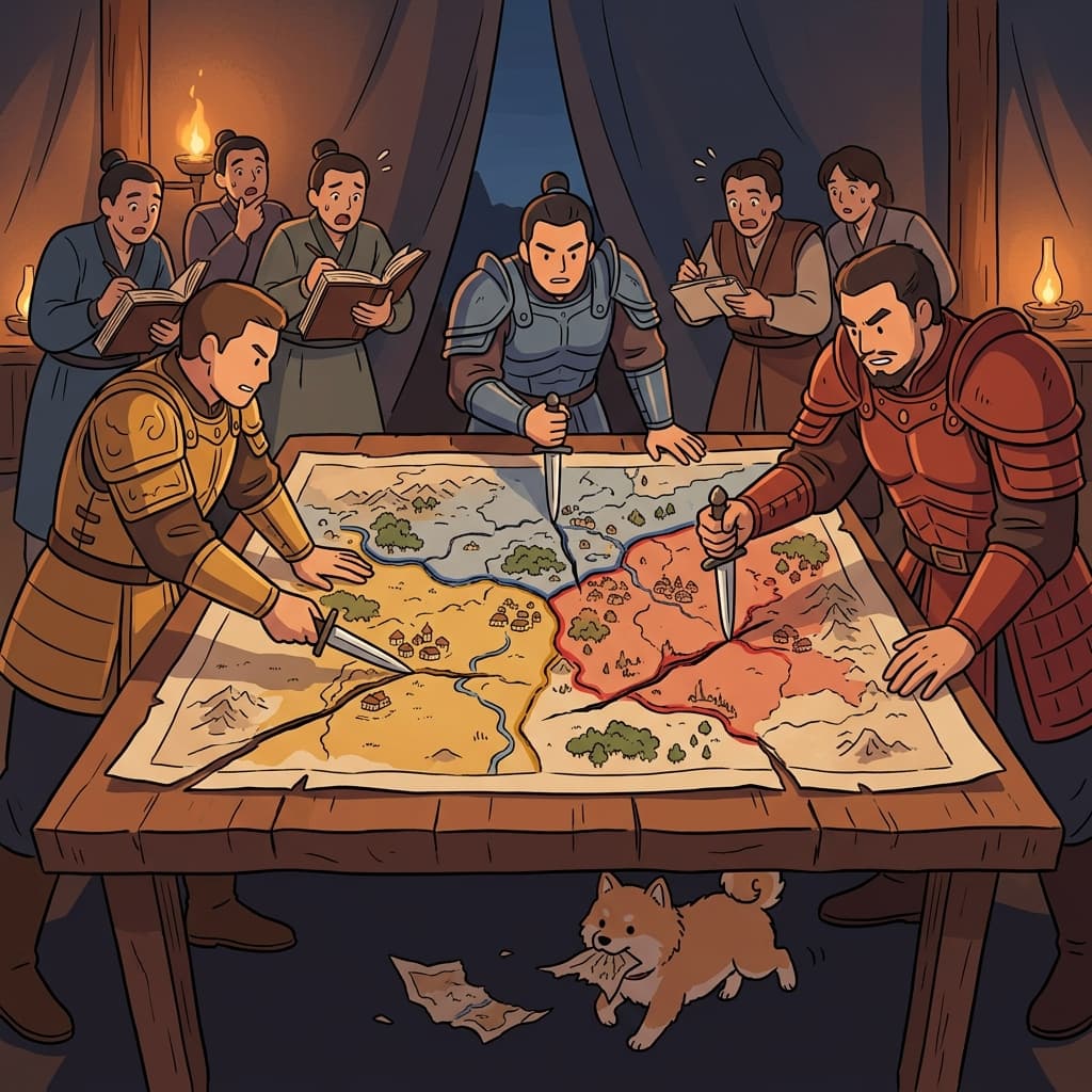 The victorious generals carve up the conquered lands on a giant map.
