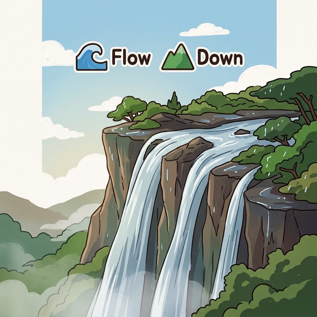 Water cascaded over the cliff after the heavy rain.