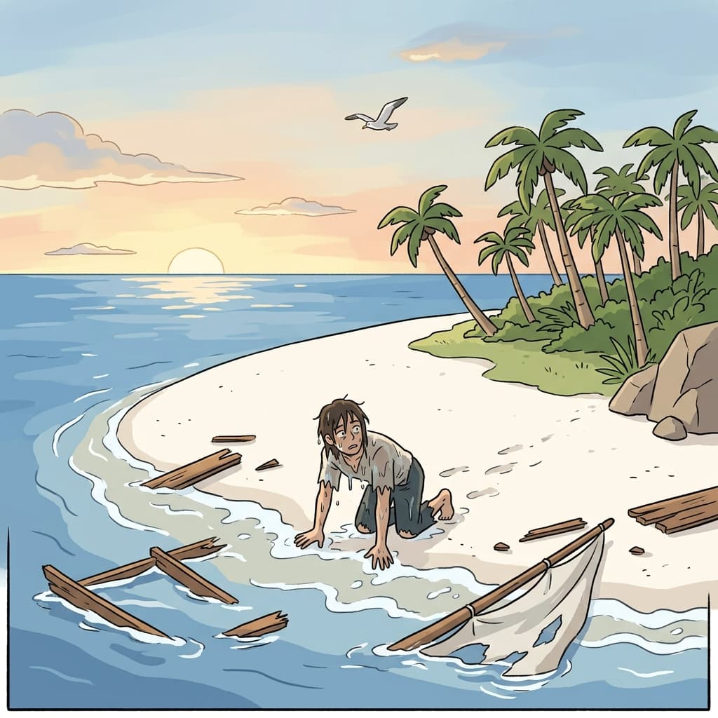 After the shipwreck, he was cast away on a lonely tropical island.