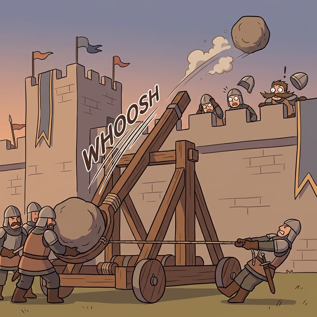 Medieval soldiers load a boulder and catapult it over the castle wall.