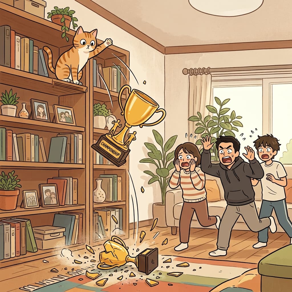 The cat caused a catastrophe by knocking an irreplaceable trophy off the shelf. (Cat + trophy → catastrophe)