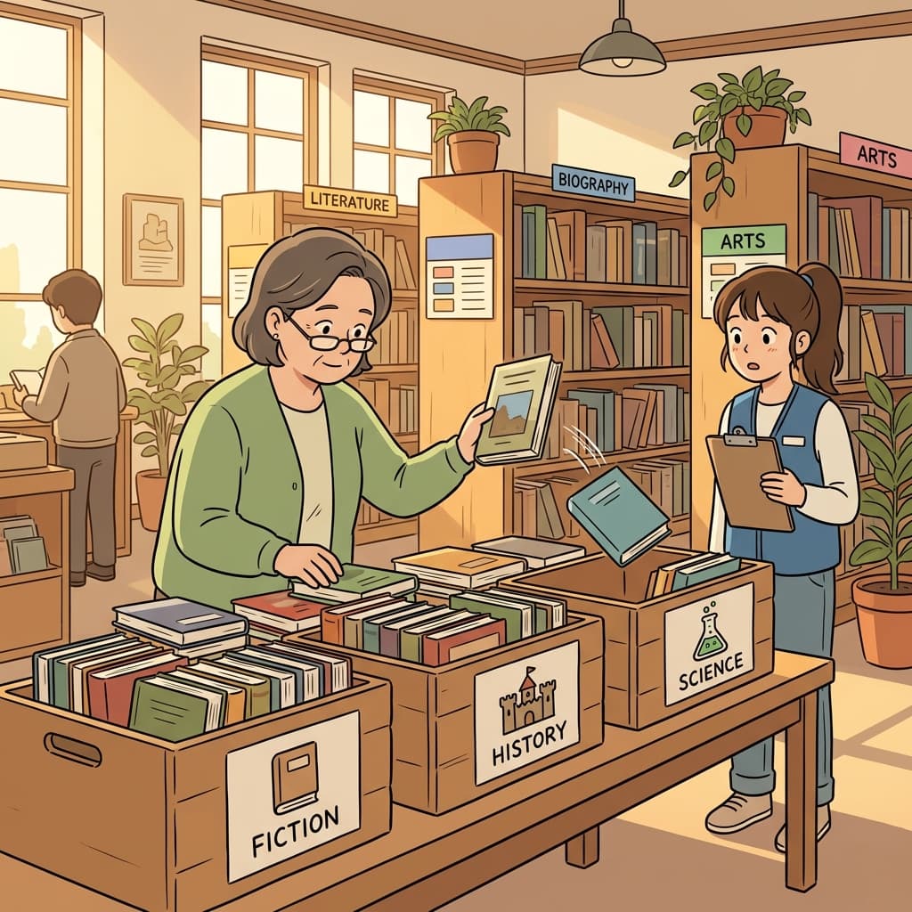The librarian carefully categorizes new arrivals into fiction, history, and science sections.