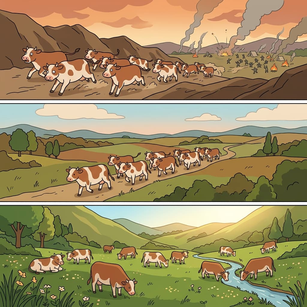 The cattle escaped the battle and safely settled in a peaceful valley.