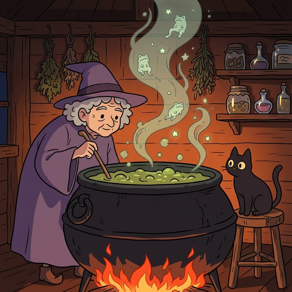The witch stirred a bubbling cauldron over the fire in her forest hut.
