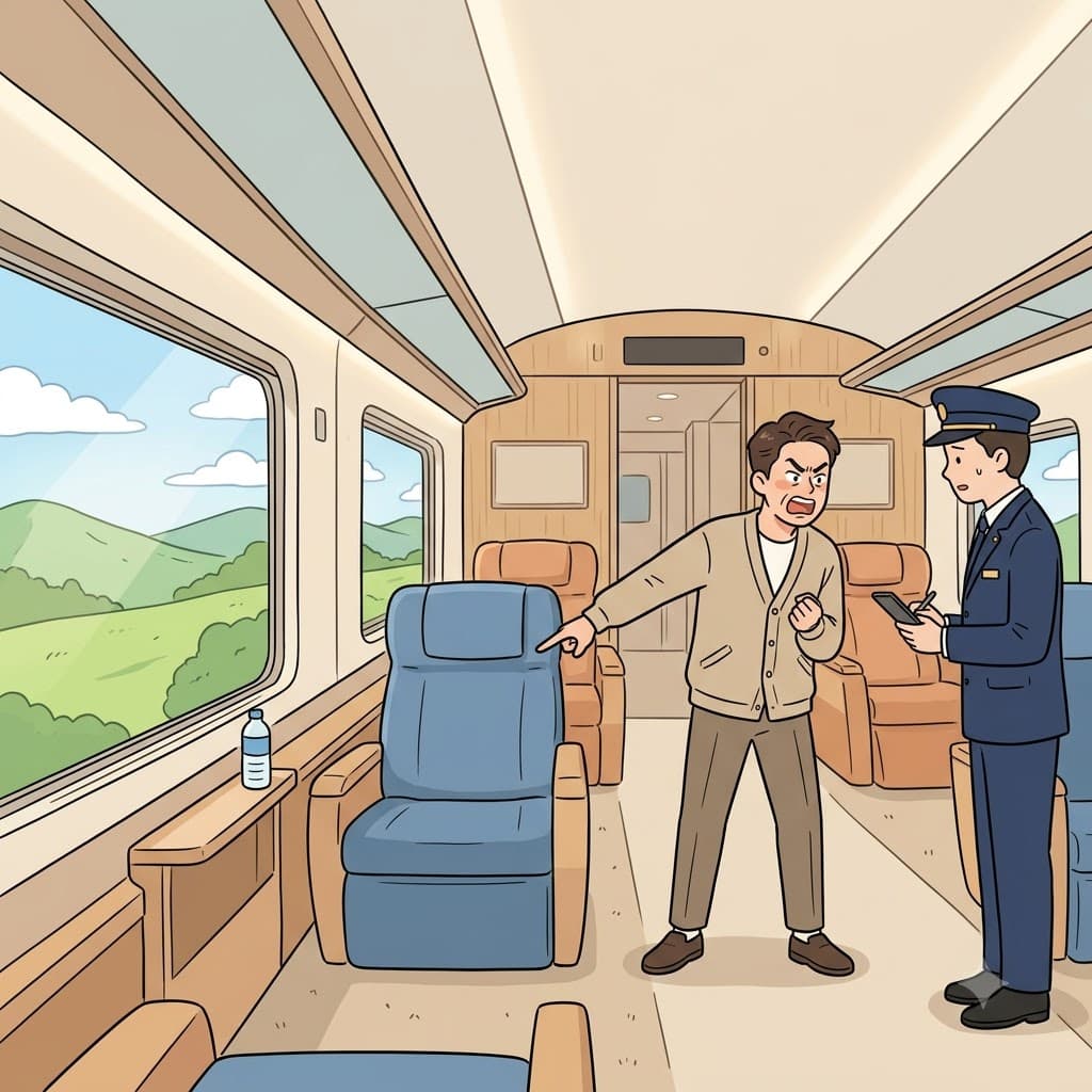 Despite the perfectly smooth luxury travel, the angry passenger continued to cavil about the color of his seat.