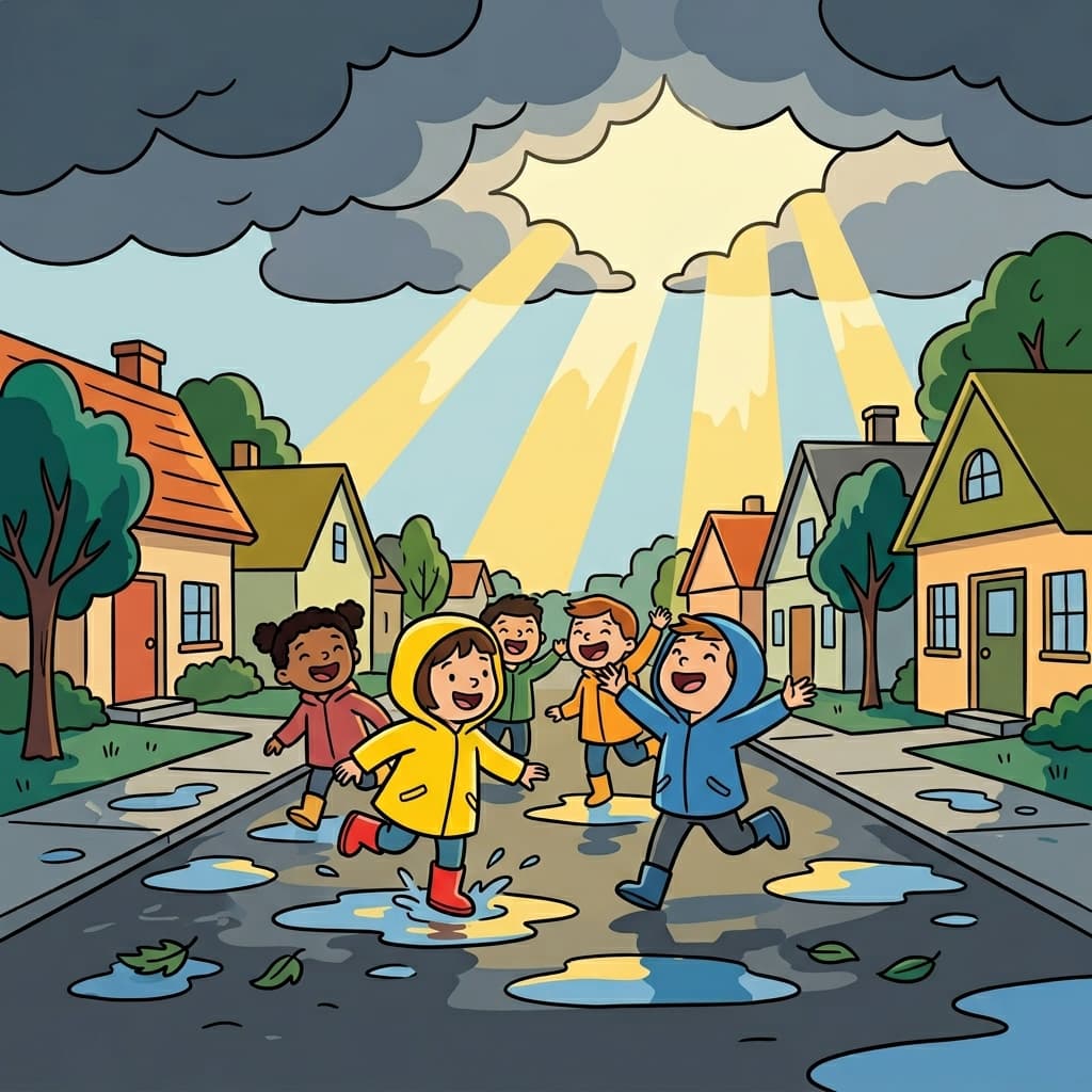 The rain ceased, and the children ran outside to play.