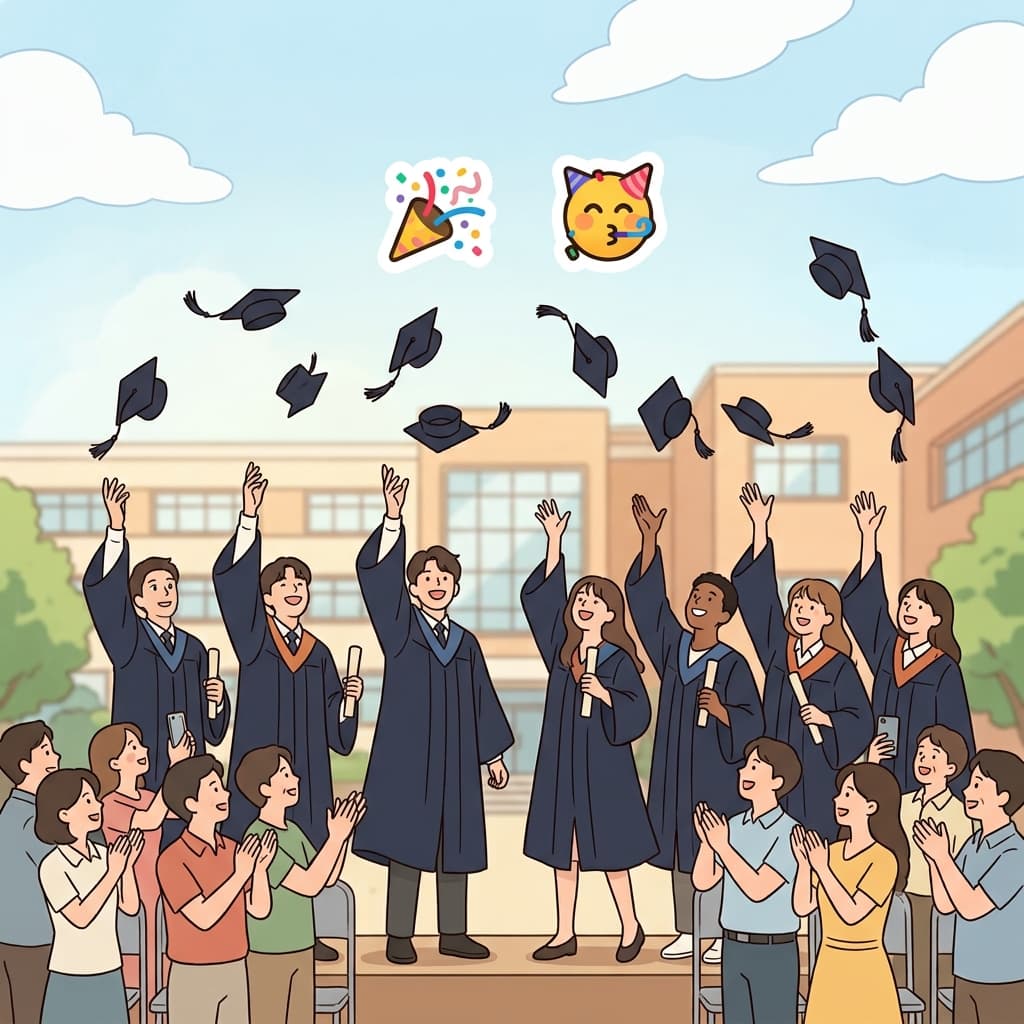 The graduates celebrated their success with family and friends. (Party + Joy → Celebrate)