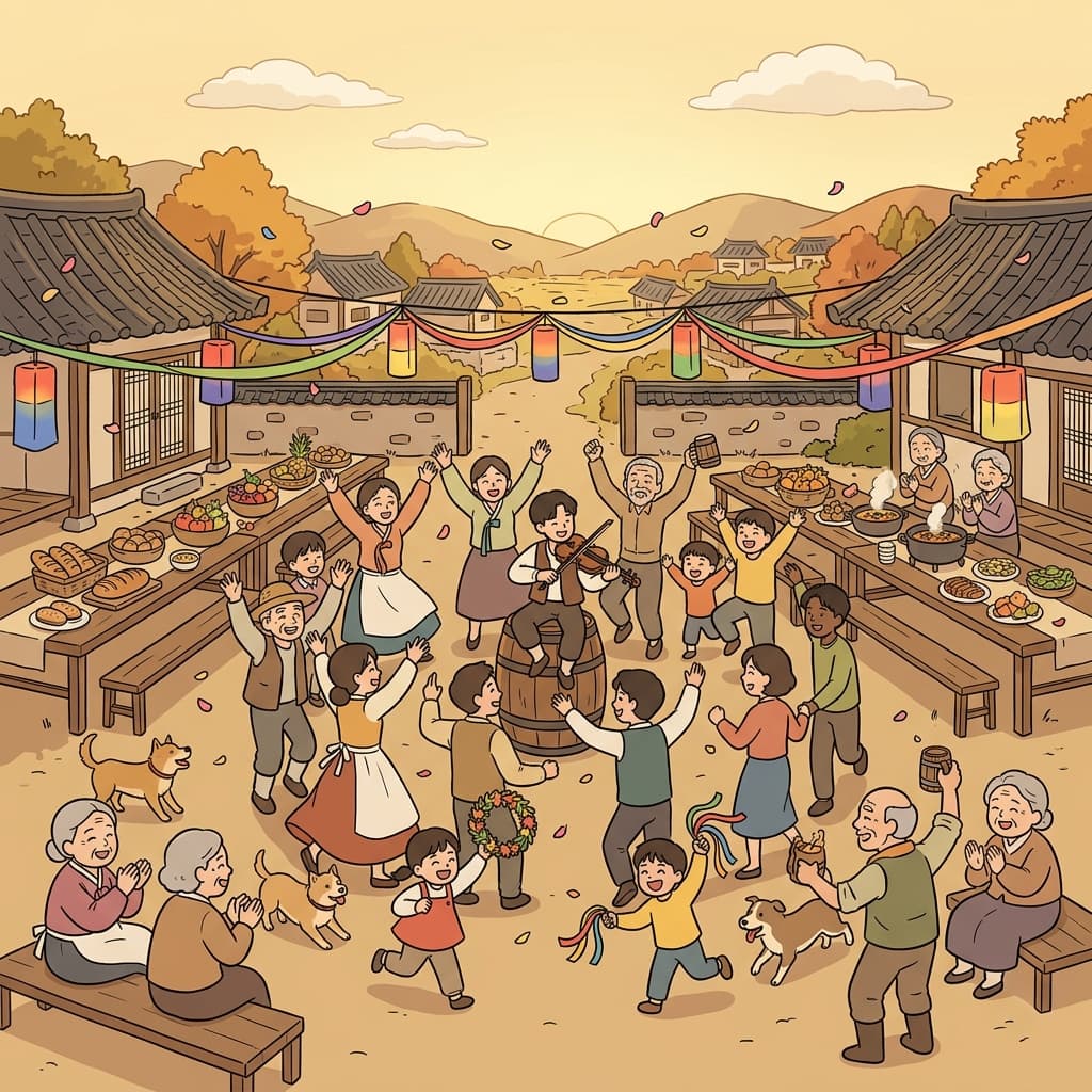 The whole village joins the harvest celebration with music and dancing.