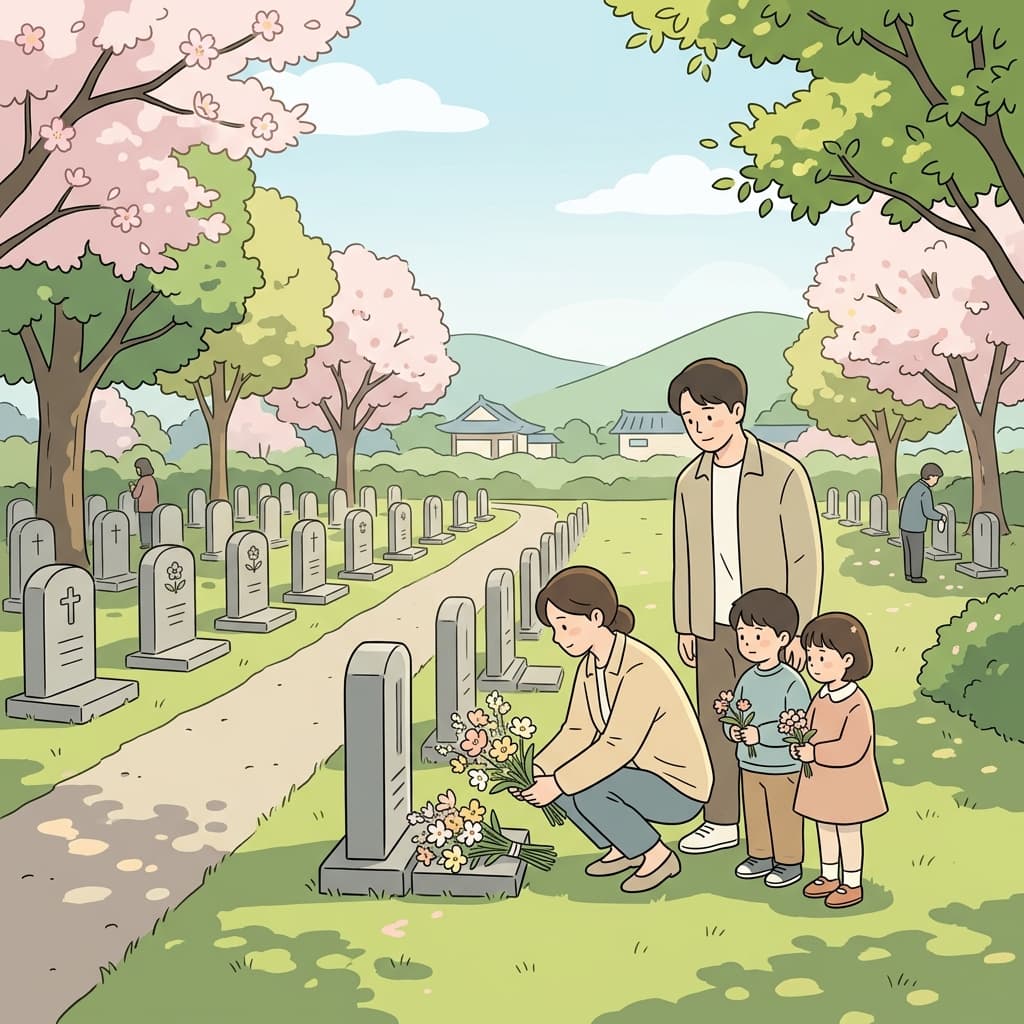 The family placed fresh flowers at the cemetery.