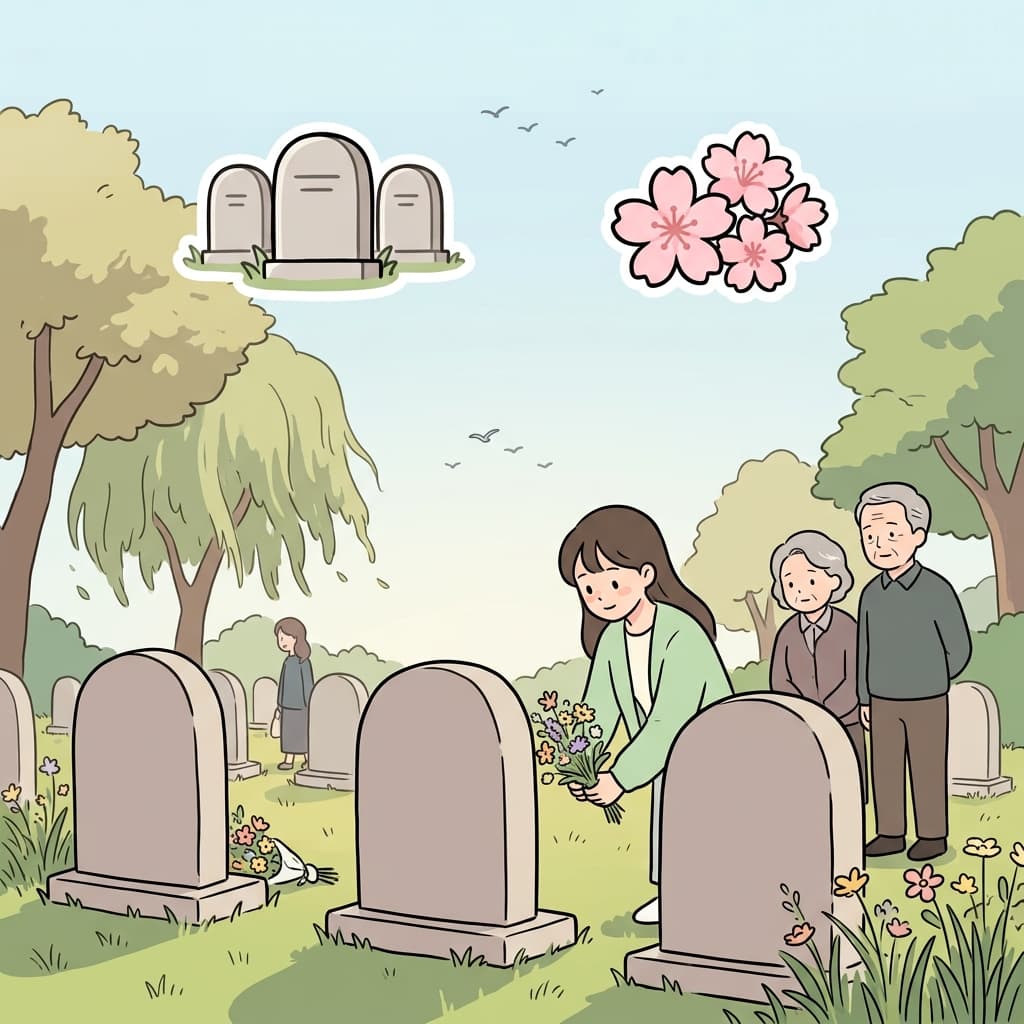 Visitors showed respect at the cemetery. (🪦 Graves + 🌸 Remembrance → Cemetery)