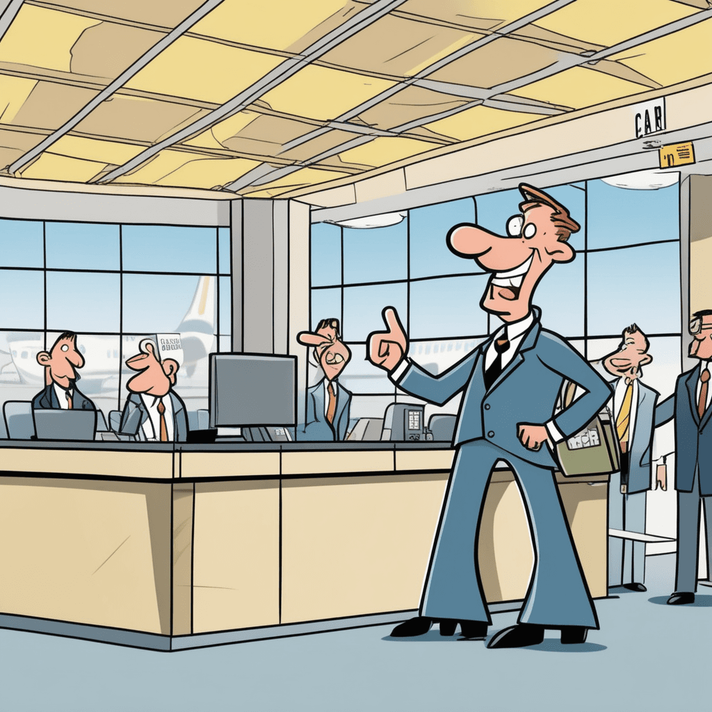 At the central rental, he checks his ventral wallet!