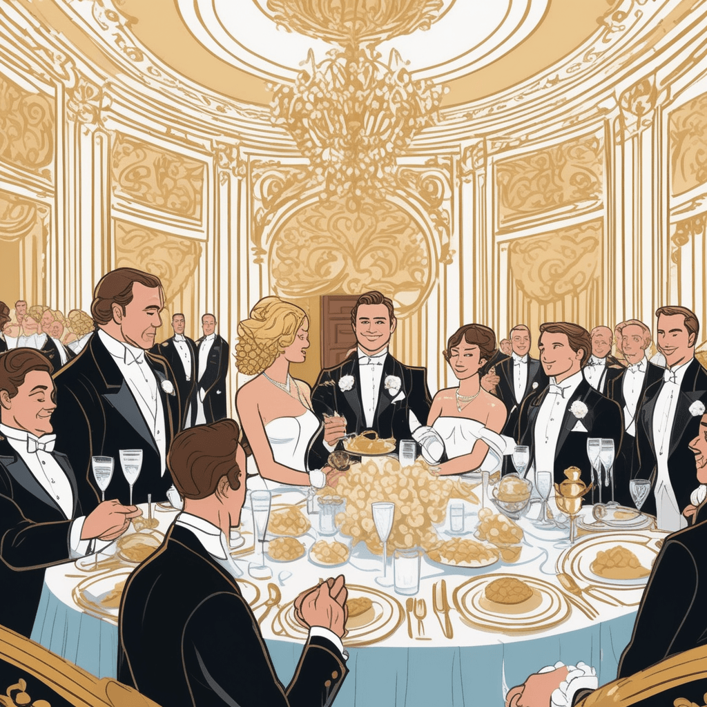 a white-gloved butler performs an extremely elaborate bow with multiple flourishes before serving a simple glass of water. He extends his arms in grand sweeping motions and bends so deeply that his movements seem theatrical and over-the-top. The dinner guests at the elegant table watch with slightly uncomfortable expressions as this simple task becomes an elaborate performance. Other staff members in the background also move with exaggerated formality, turning every small action into a dramatic ritual. behavior that is excessively formal and marked by unnecessary ceremony