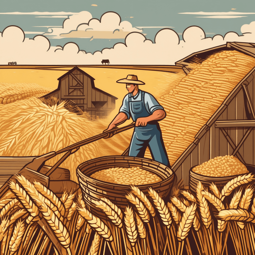 a farmer tosses wheat grain high into the air using a large woven basket. The wind catches the light brown husks and blows them away from the heavier seeds. Golden wheat kernels fall straight down into a collection basket below while the chaff drifts away. A second farmer nearby sweeps up the separated husks that have blown to one side. Children and chickens gather around pecking at scattered bits on the ground. the husks of grain being separated by winnowing and threshing