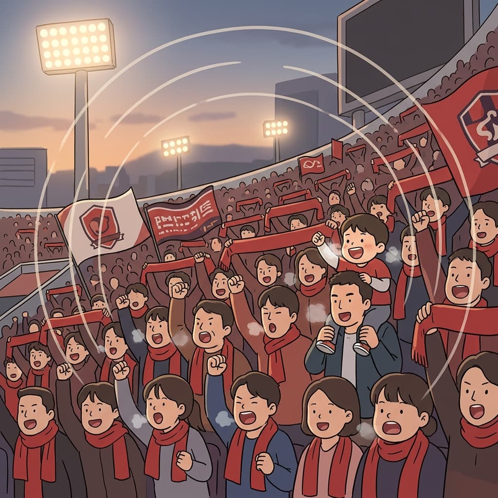 Thousands of fans chant their team's name as the stadium shakes with rhythm.