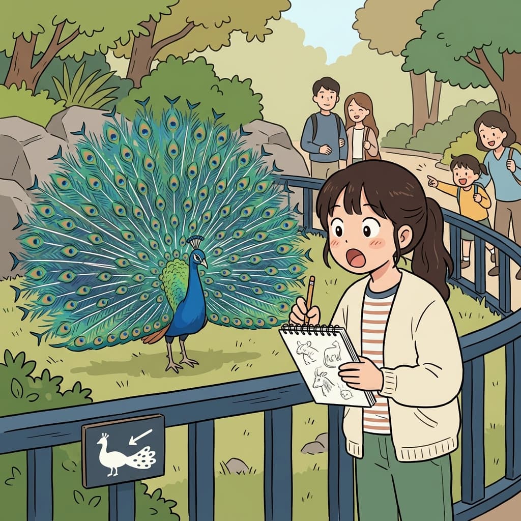 The peacock's bright tail is its most striking characteristic.
