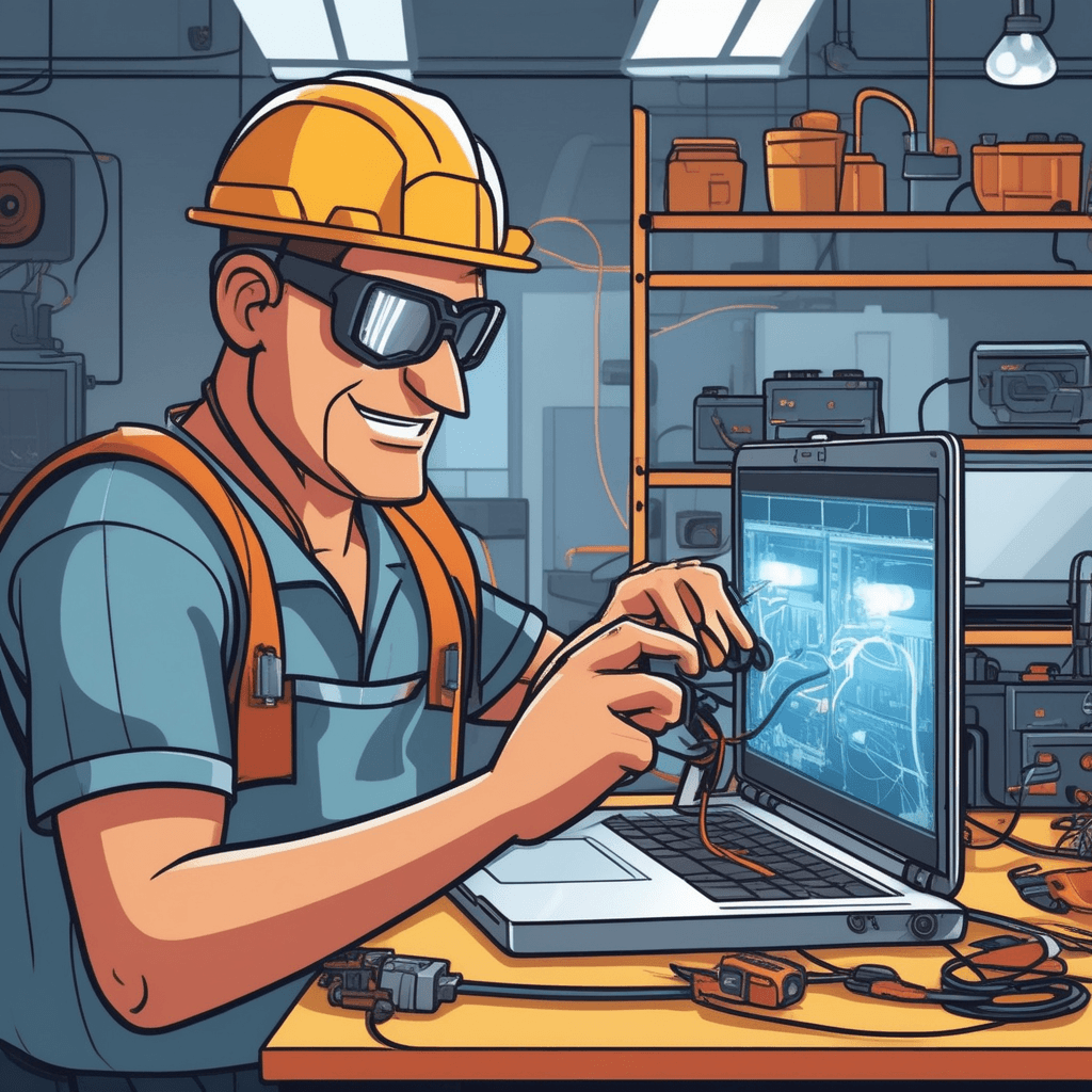 a technician connects a power cable to a laptop that has been completely dead. The laptop screen suddenly lights up bright and all the indicator lights start glowing. Electric current flows visibly through the charging cable as energy enters the device. The laptop transforms from powerless to fully energized as the battery fills up. The technician smiles with satisfaction while another customer watches from behind. the device being filled with electrical energy and power