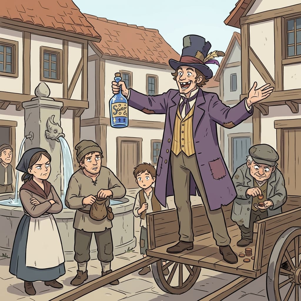 The charlatan sells fake miracle elixirs to desperate villagers in the town square.