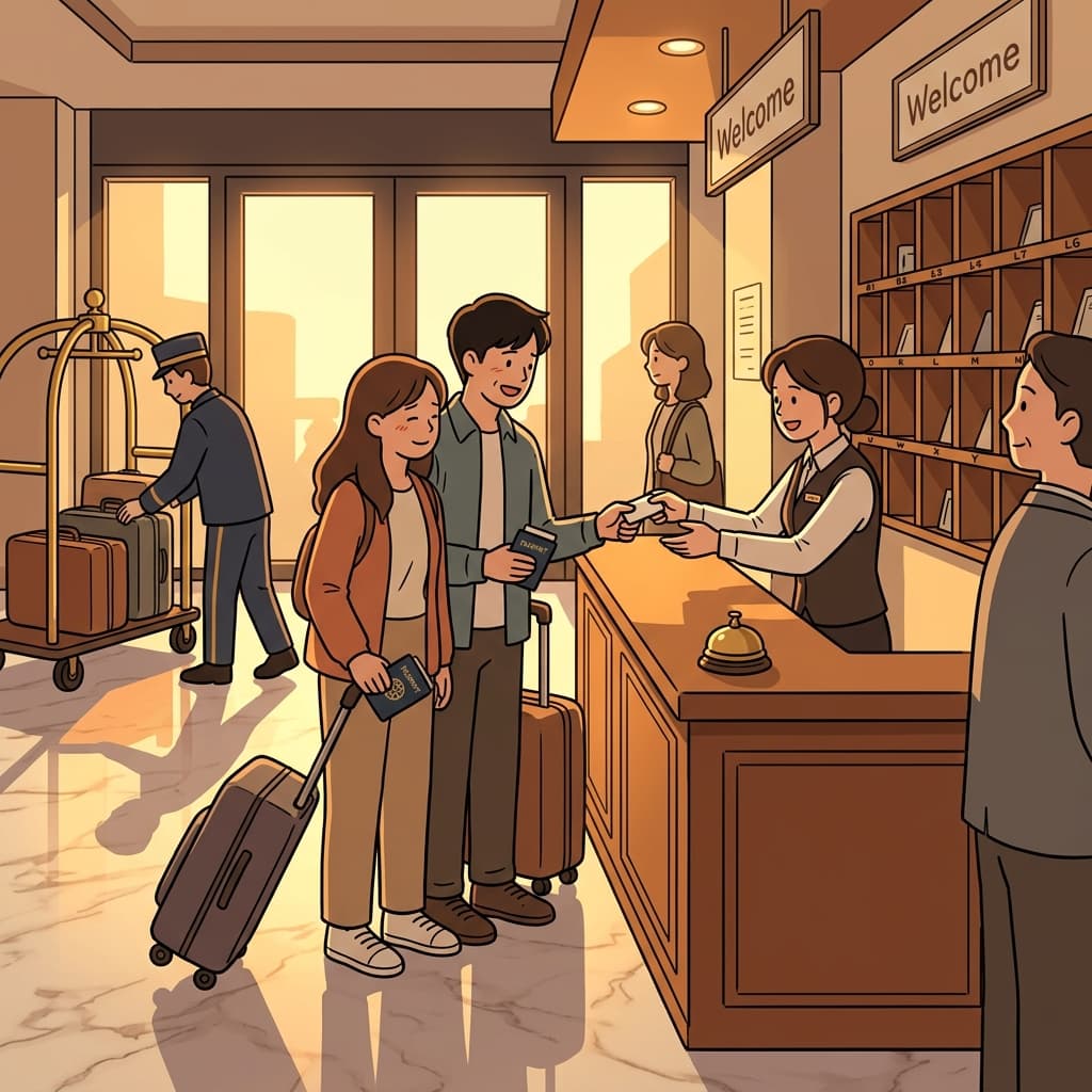 Travelers check in at the hotel front desk after a long flight.