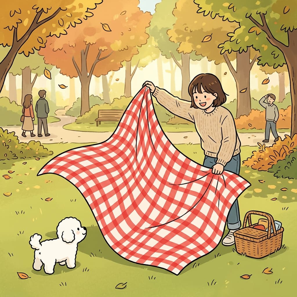 She unfolded a cozy check-patterned blanket for the autumn picnic.
