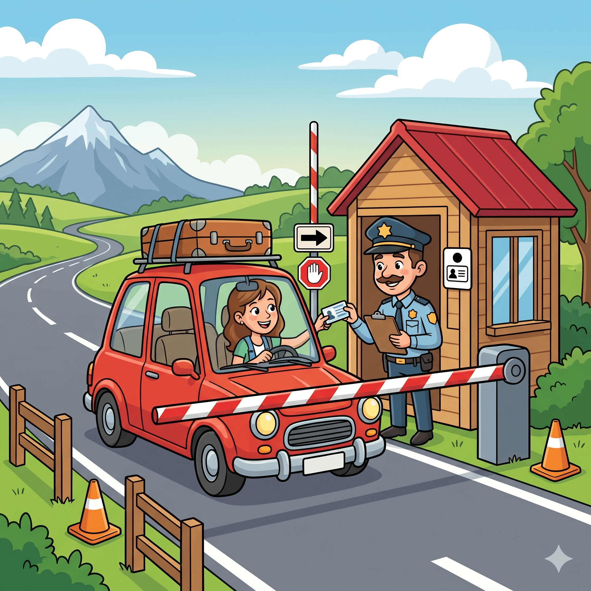 A small red car stops at a road checkpoint for a quick pass validation.