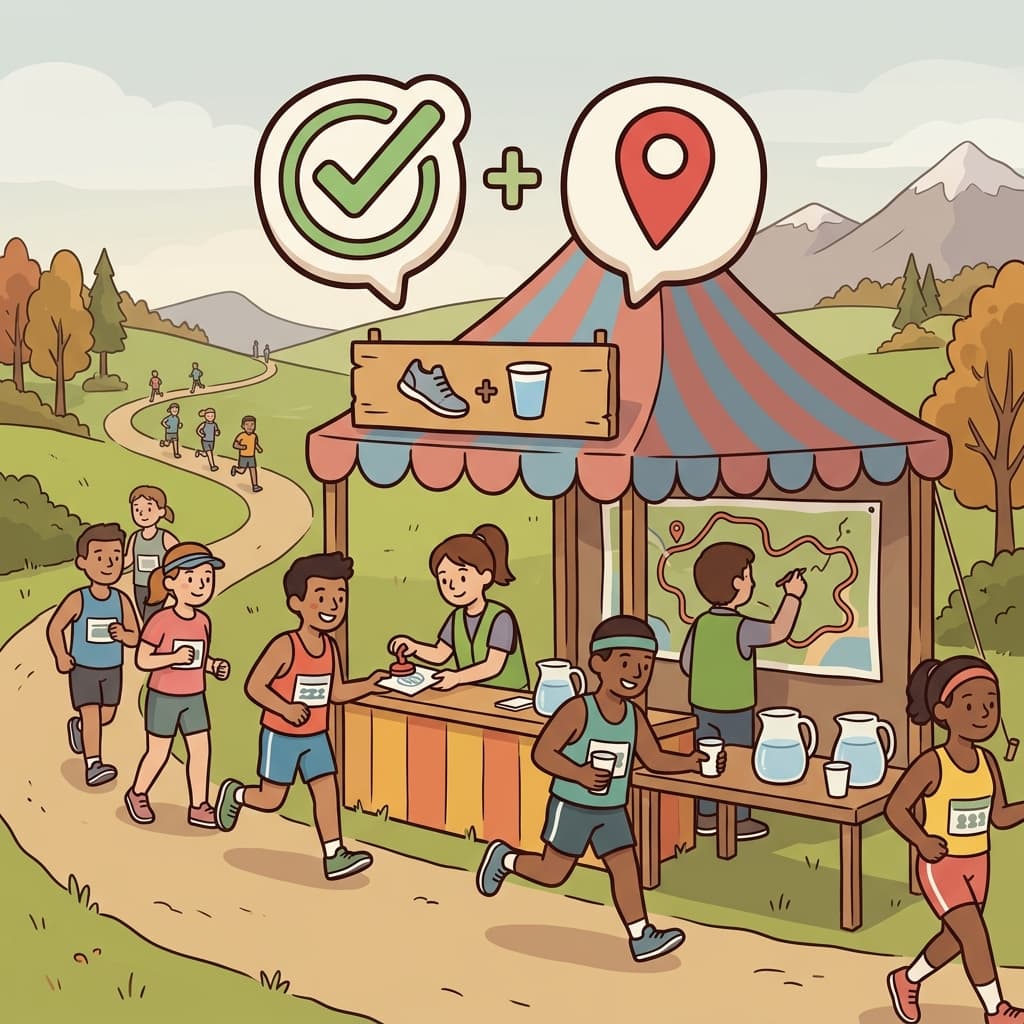 The race organizers set up a checkpoint along the course. (CHECK + POINT = CHECKPOINT → a specific point where something is checked, verified, or controlled)