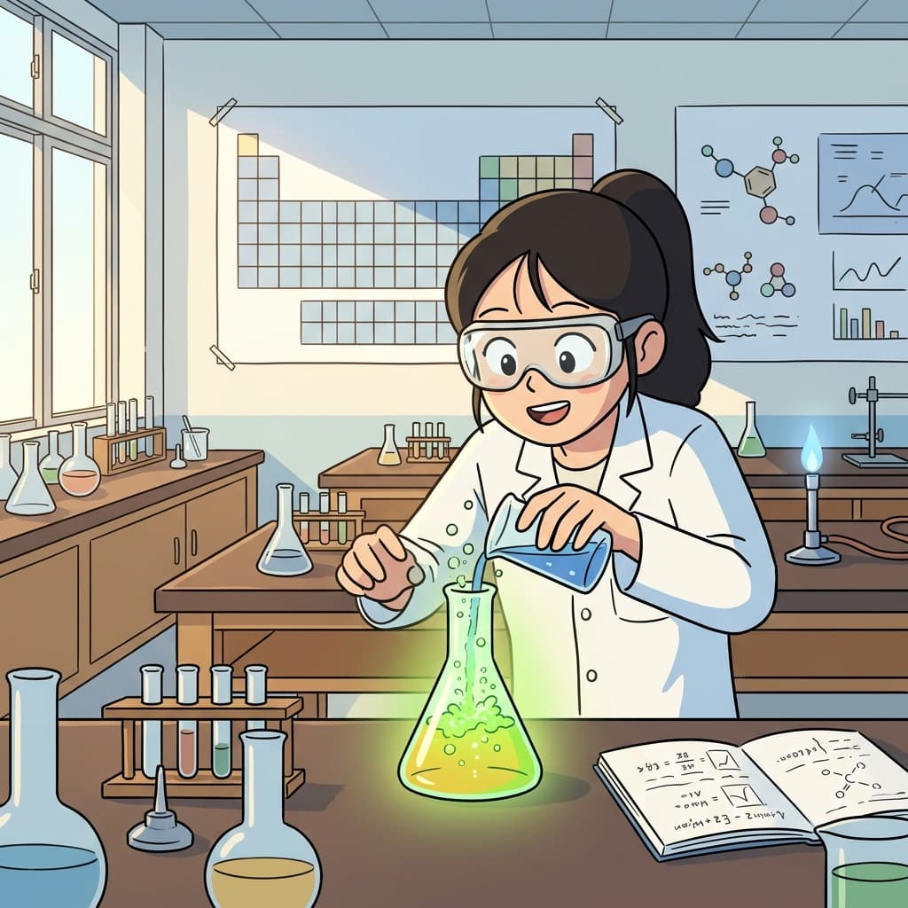 She studies chemistry by mixing colorful liquids in the school lab.