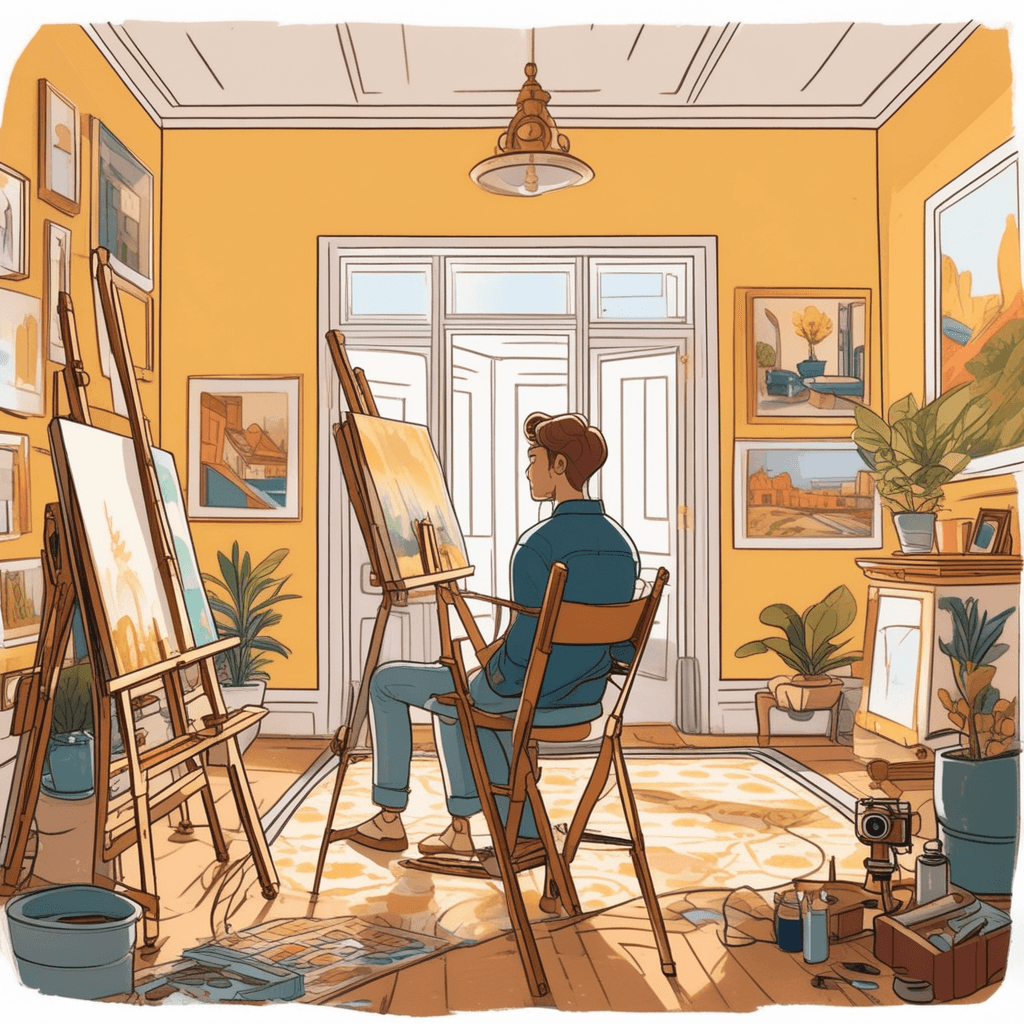 a young artist sits at an easel painting an elaborate mansion with golden details and luxury cars. The artist looks tired with paint-stained clothes and empty food containers nearby showing their poor living conditions. They gaze longingly at their painting of wealth and success that contrasts sharply with their cramped, modest surroundings. The stark difference between the painted dream life and the artist's actual reality becomes obvious. A friend stands behind looking concerned at both the beautiful painting and the artist's deteriorating situation. someone pursuing an illusion that remains impossible to achieve despite their dedication