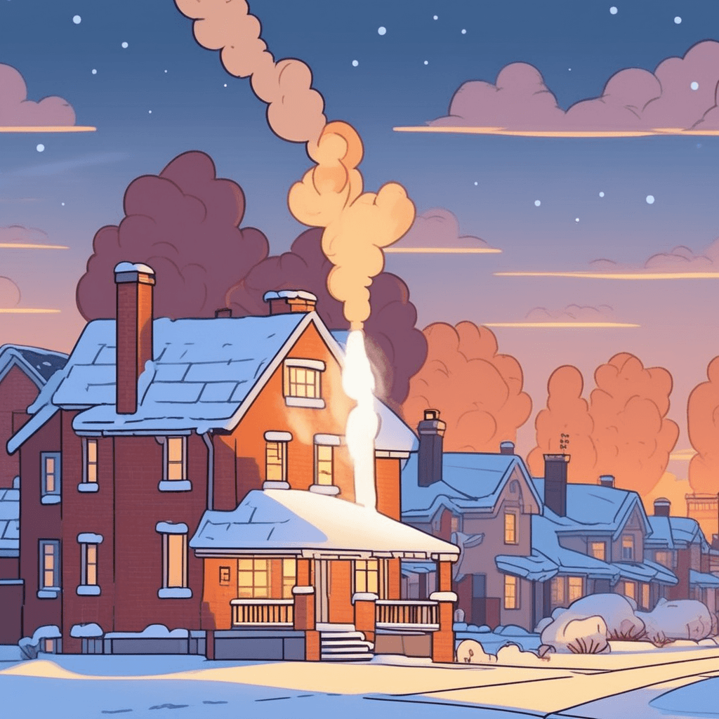 a homeowner inside the house adds logs to a crackling fireplace while his family gathers around for warmth. Thick gray smoke begins rising from the flames and travels upward through the flue. The smoke emerges from the top of the tall brick chimney and disperses into the cold night air. A neighbor walking by looks up and smiles seeing the warm smoke indicating a cozy fire inside. the vertical structure that carries smoke and combustion gases up from a fire and out of the building