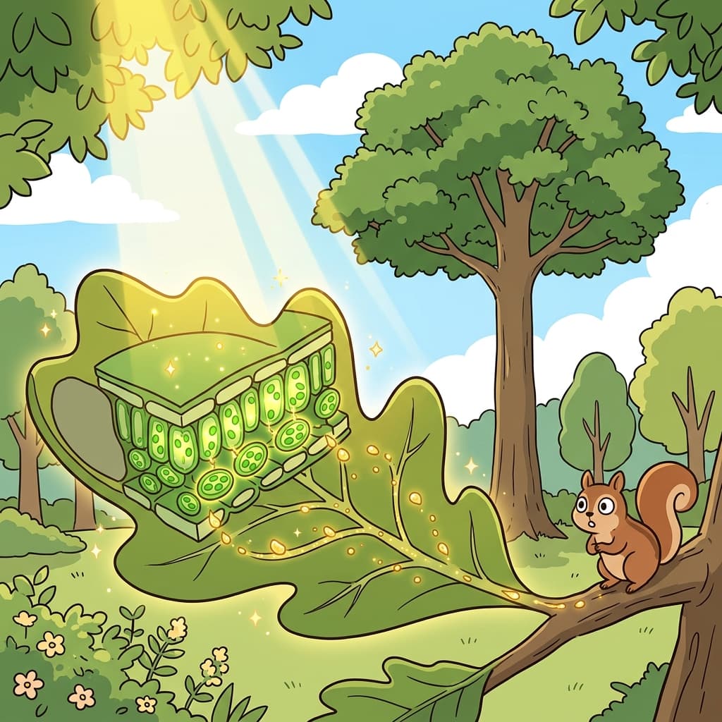 Sunlight hits the leaves and chlorophyll turns it into food for the tree.