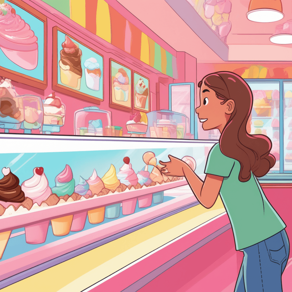 A girl makes her choice from colorful ice cream flavors