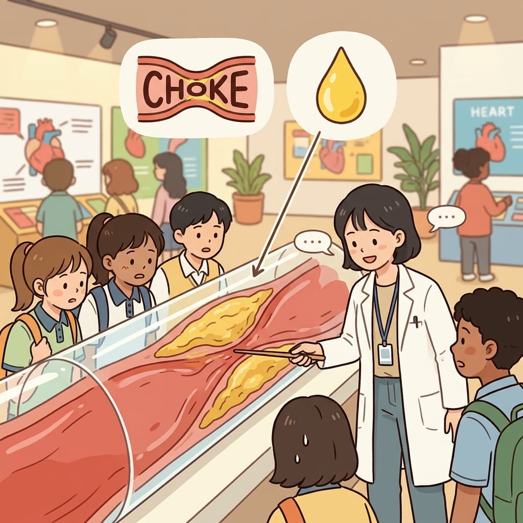 Too much cholesterol slowly choked the flow inside the artery like thick oil. (CHOKE + oil → excess cholesterol can slowly CHOKE blood flow like thick OIL inside narrow pipes)