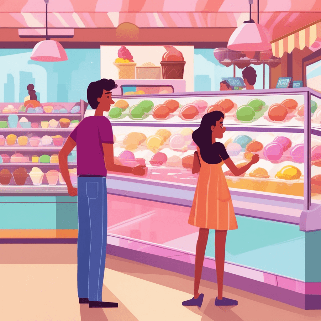 a young customer points thoughtfully at different ice cream flavors while looking at the colorful display case. The customer's finger moves between chocolate, vanilla, strawberry, and mint chip options. The ice cream server behind the counter holds an empty cone, waiting patiently for the decision. Multiple scoops of different colors and textures are clearly visible in the display case. Other customers wait in line behind, creating a busy atmosphere. someone selecting one or more items from a range of available options
