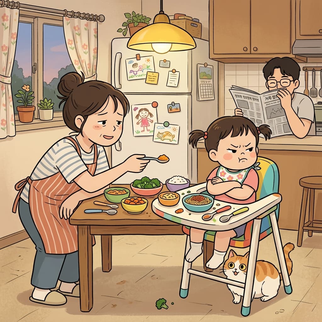 The choosy toddler refuses every spoon her mom offers at dinner.