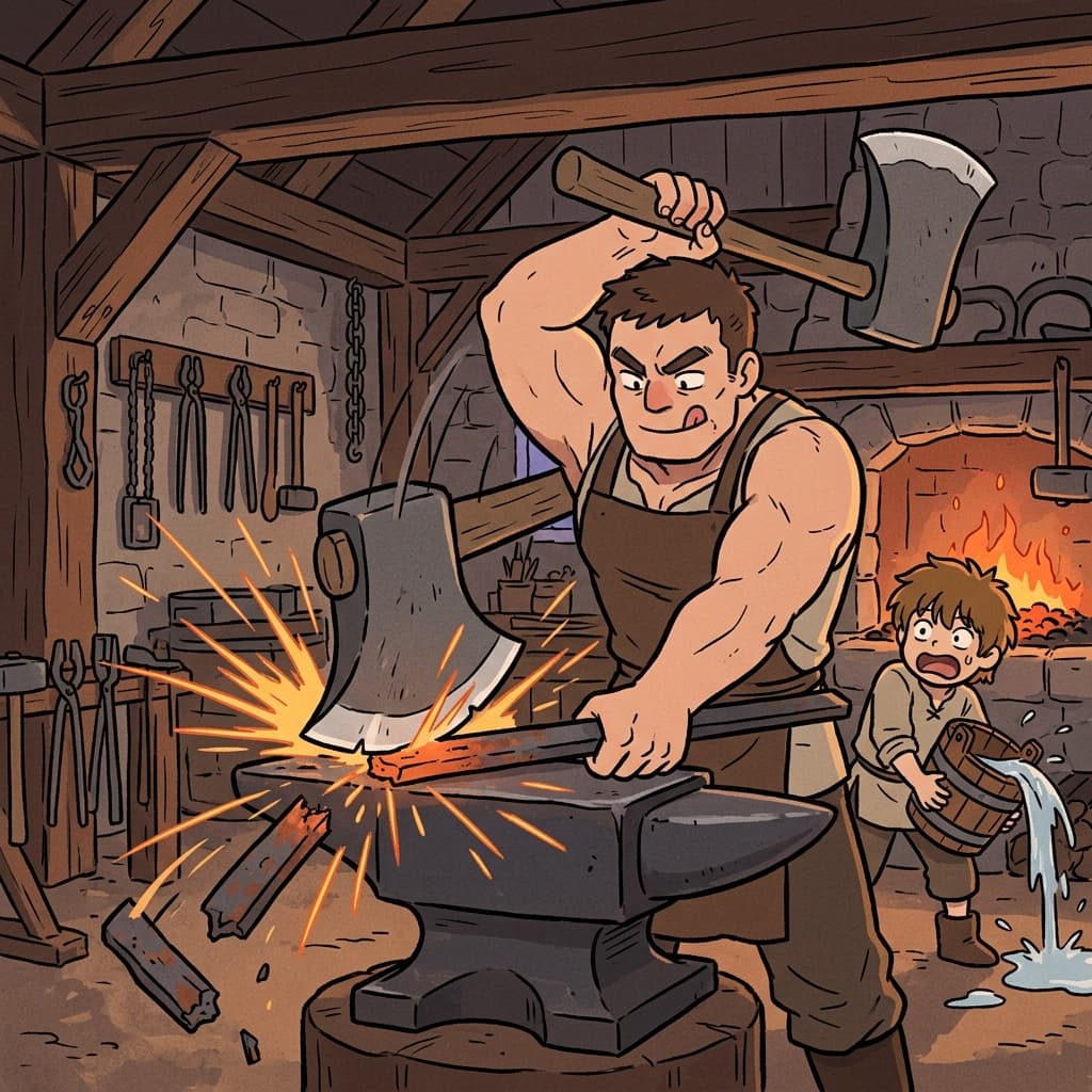 The blacksmith raised his axe and chopped off the rusted iron bar in one clean swing.