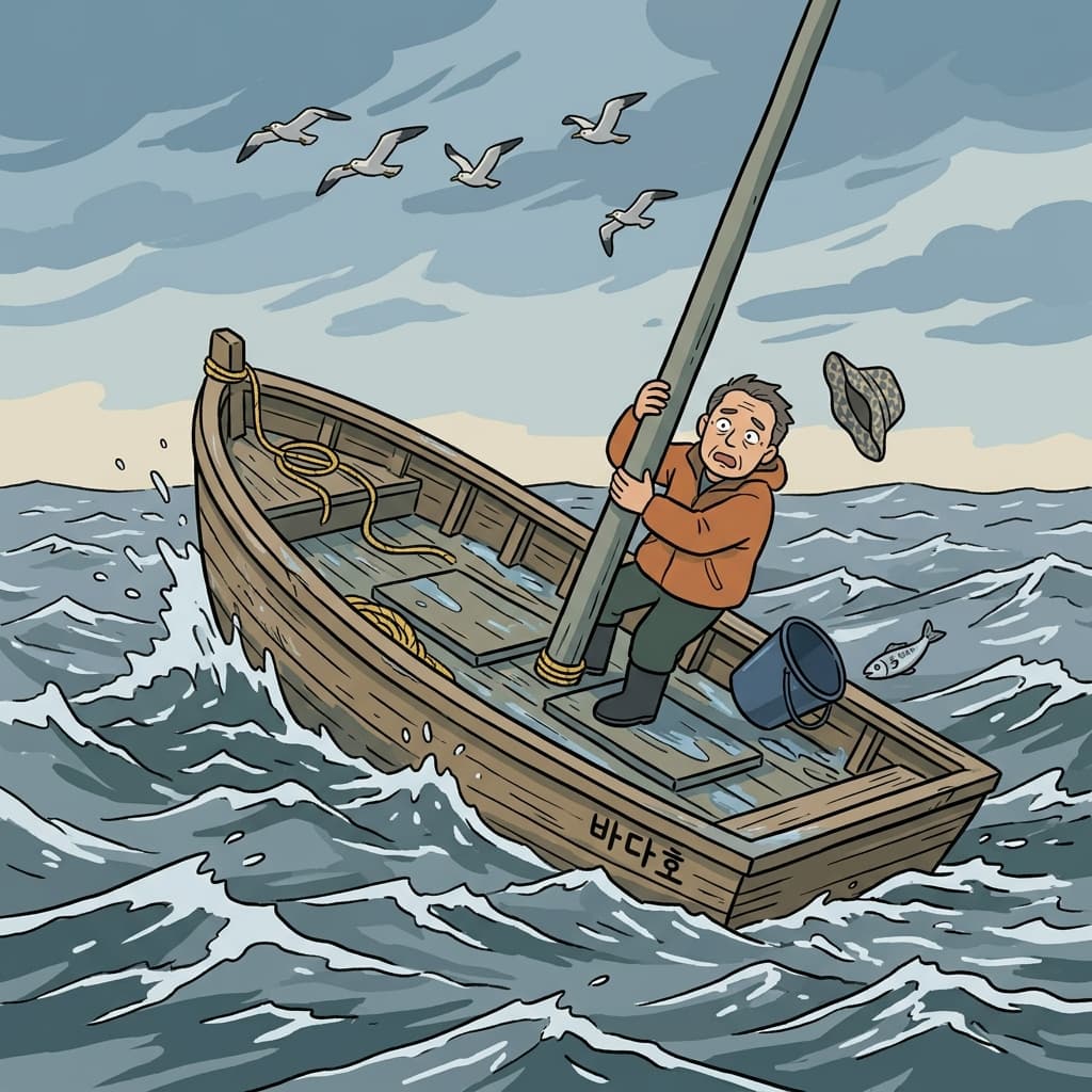 The small fishing boat rocks violently on the choppy sea as waves slap its sides.