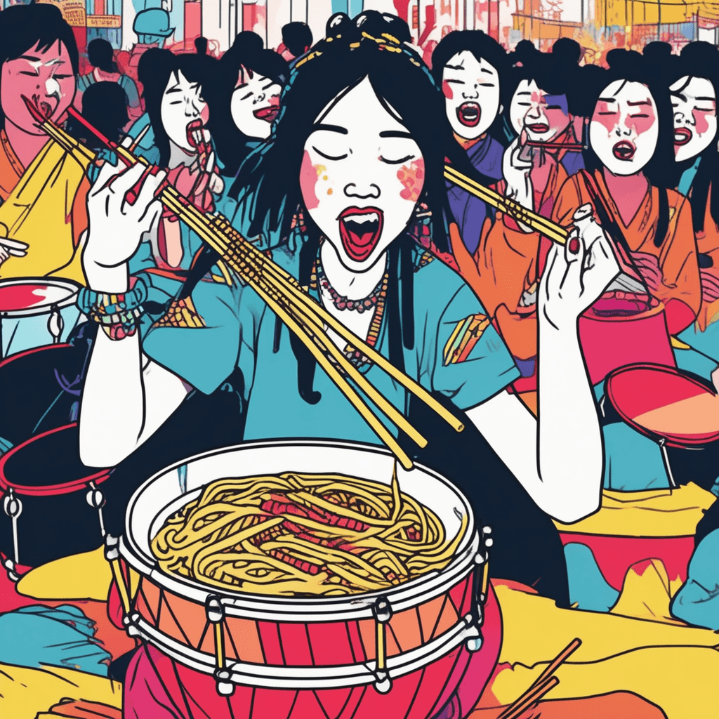 Chopstick noodles, drumstick beats, while lipstick smears from performance feats!