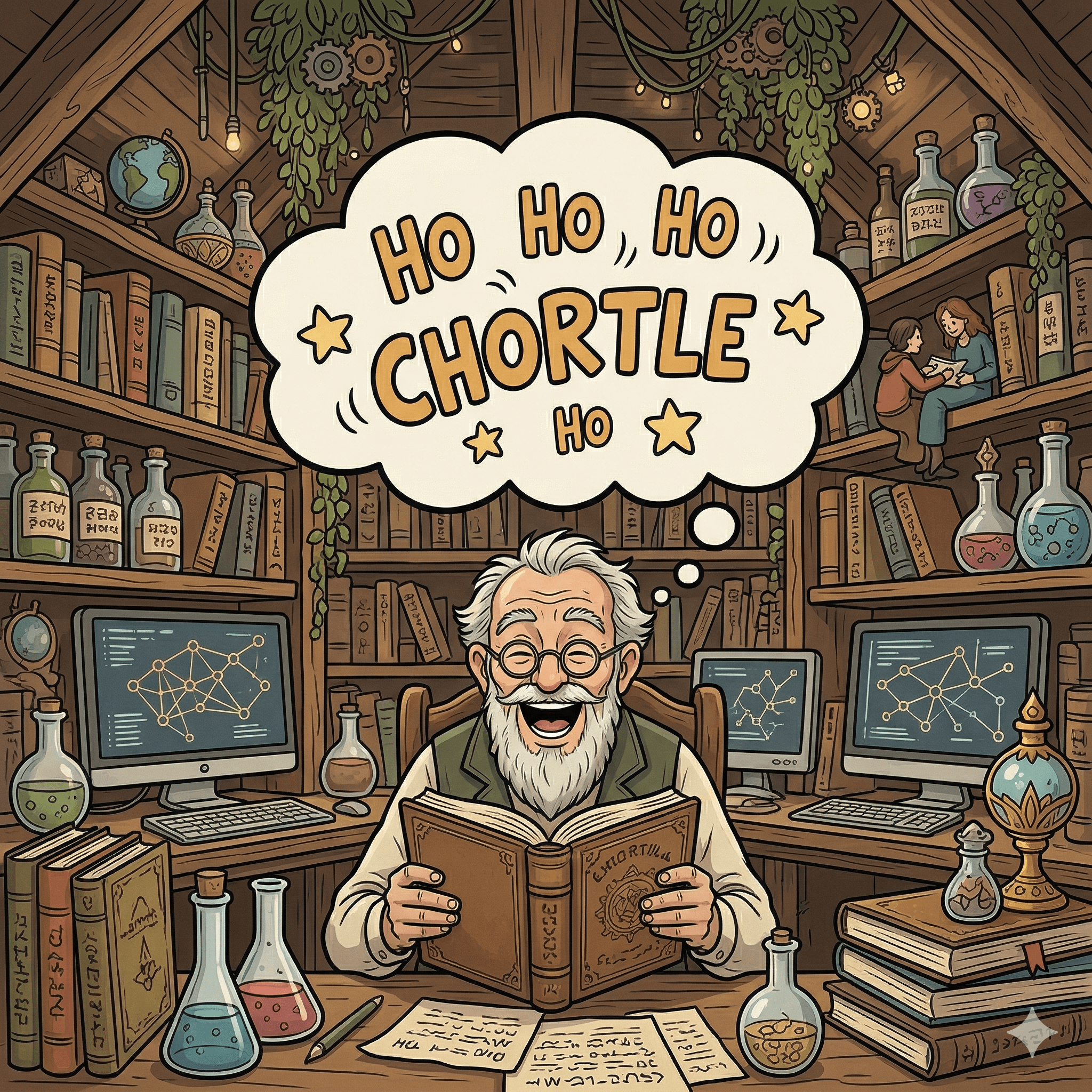 An old scholar chortles in his cozy library over a witty passage.