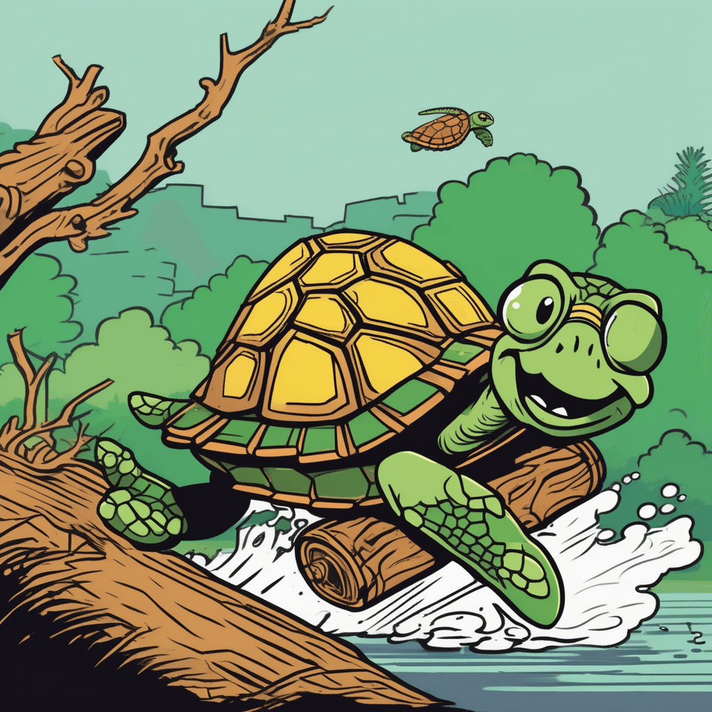 The turtle chortles as motorcycles hurtle by!