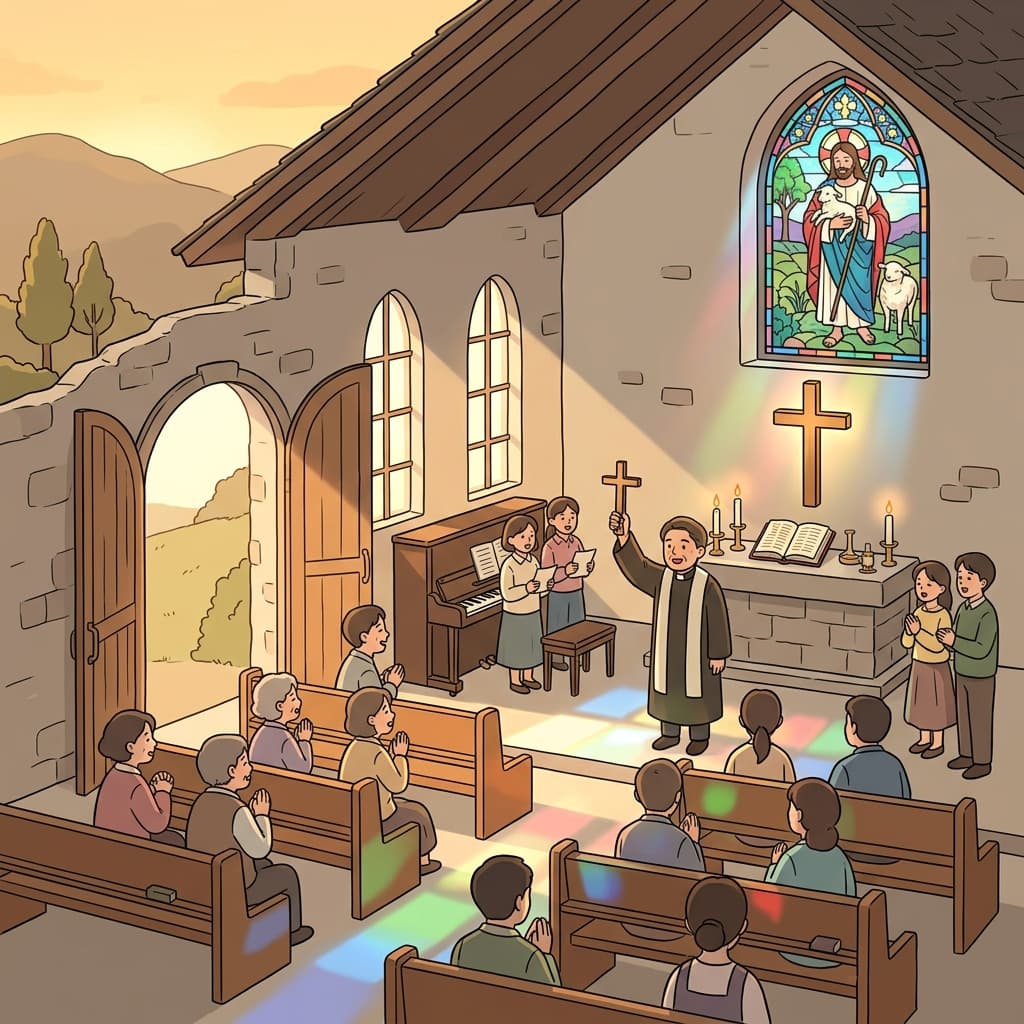 Villagers gather inside a small stone chapel to celebrate Christianity together.