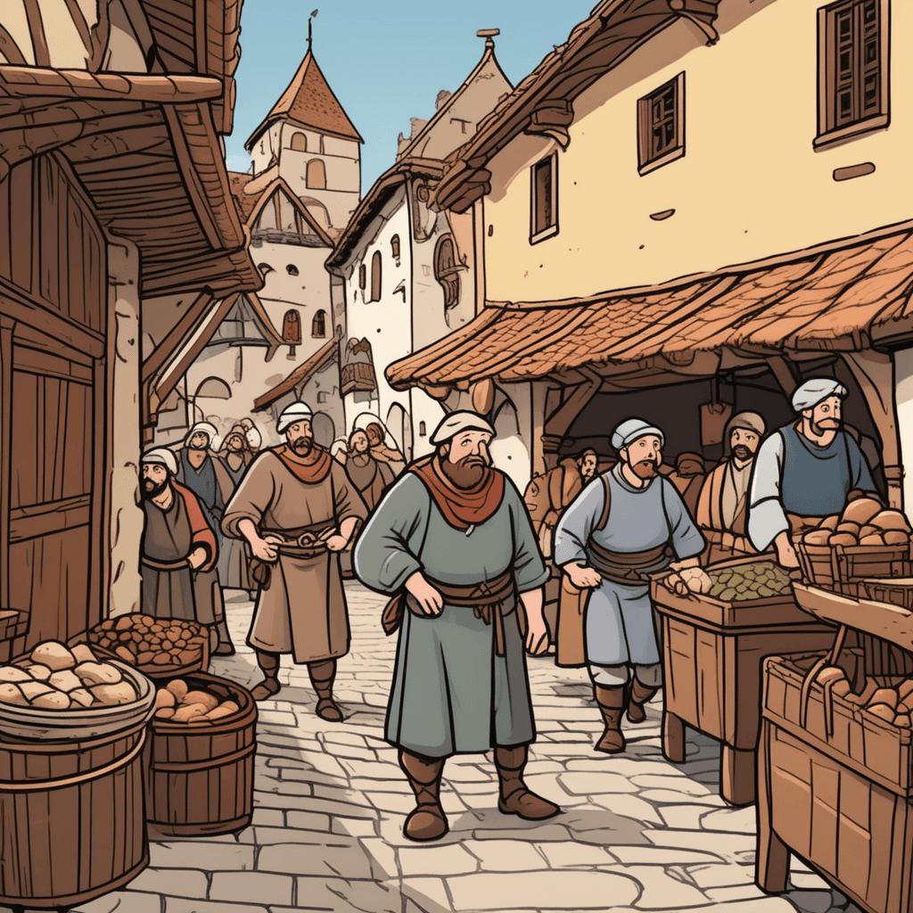 a scruffy peasant man rudely pushes past well-dressed merchants while grabbing food from their stalls. He shoves people aside without apology and speaks aggressively with his mouth wide open. His rough behavior causes several merchants to stumble backward in shock. Fresh produce falls to the ground as he disrupts their carefully arranged displays. Other people in the marketplace step away from him with disgusted expressions on their faces. Some merchants point at him while shaking their heads in disapproval. a rude, ill-mannered person disrupting civilized society with his crude behavior