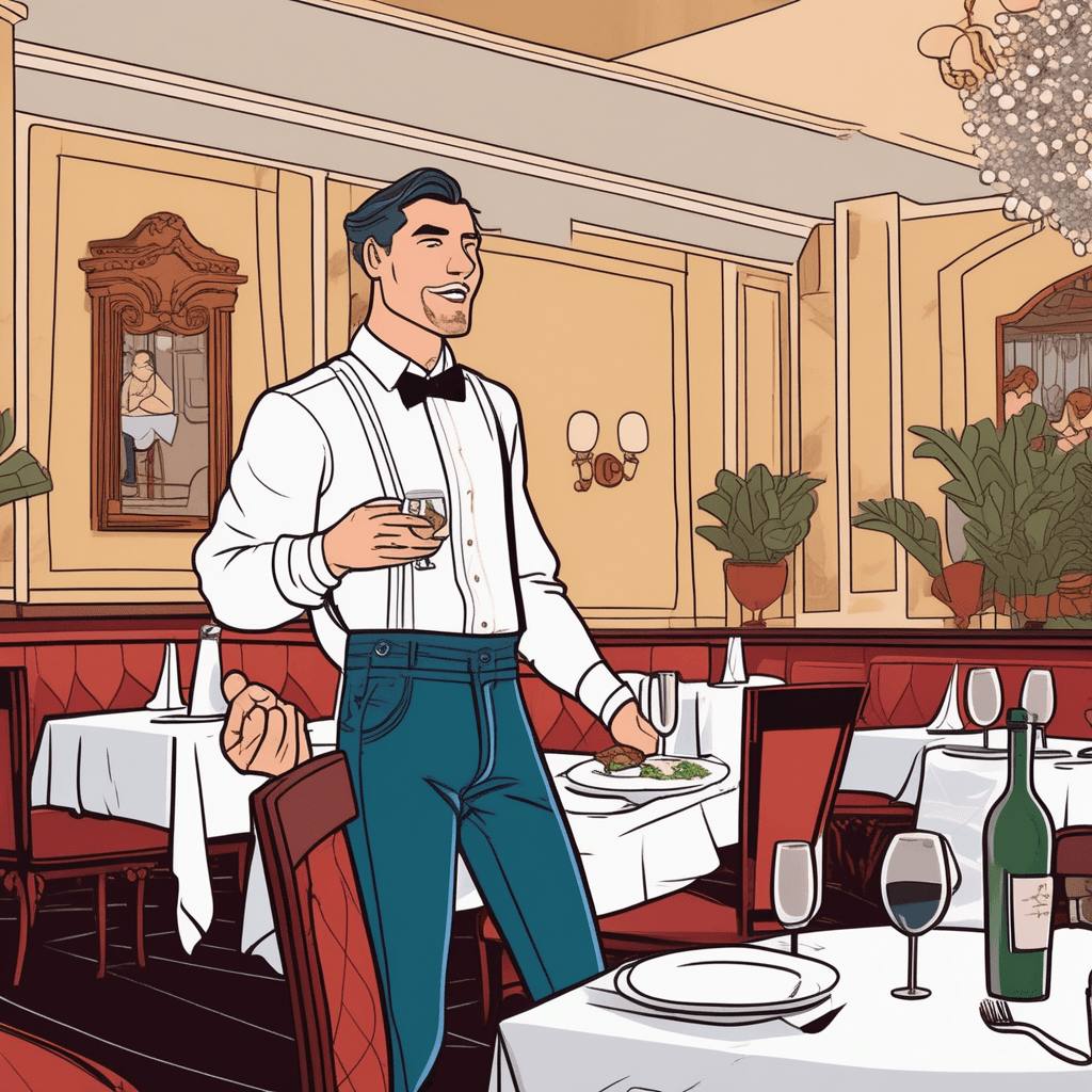 a person in ripped jeans and a wrinkled t-shirt confidently sits at the fanciest table in the restaurant. They loudly snap their fingers at the formally dressed waiter while putting their dirty sneakers up on the pristine white tablecloth. The waiter's eyes widen in shock as crumbs fall from the customer's shoes onto the expensive table setting. Other well-dressed diners turn to stare with expressions of disbelief and horror. The customer continues to act completely unbothered by the inappropriate behavior, even smiling smugly. extreme self-confidence and brazen nerve in a completely inappropriate situation