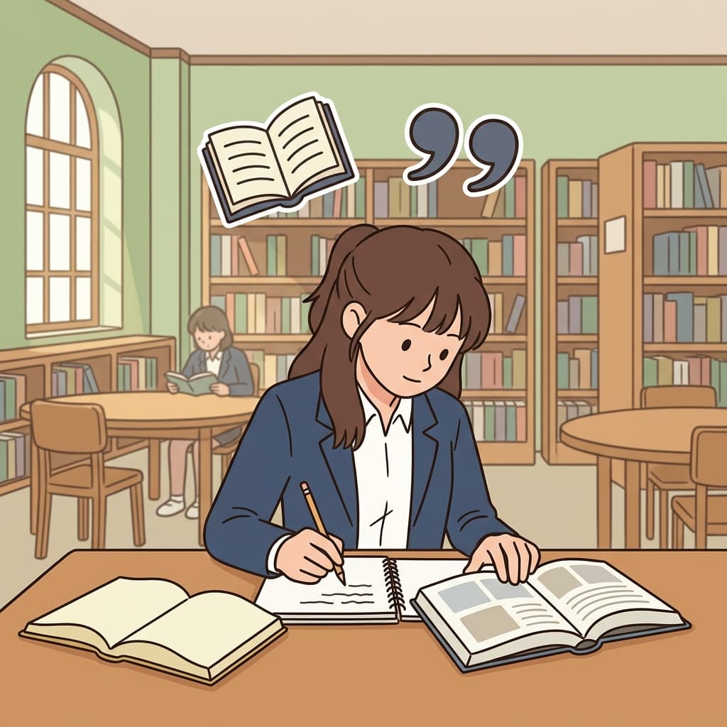 The student cited a book to support her report. (Book + Quote → Refer to a source)