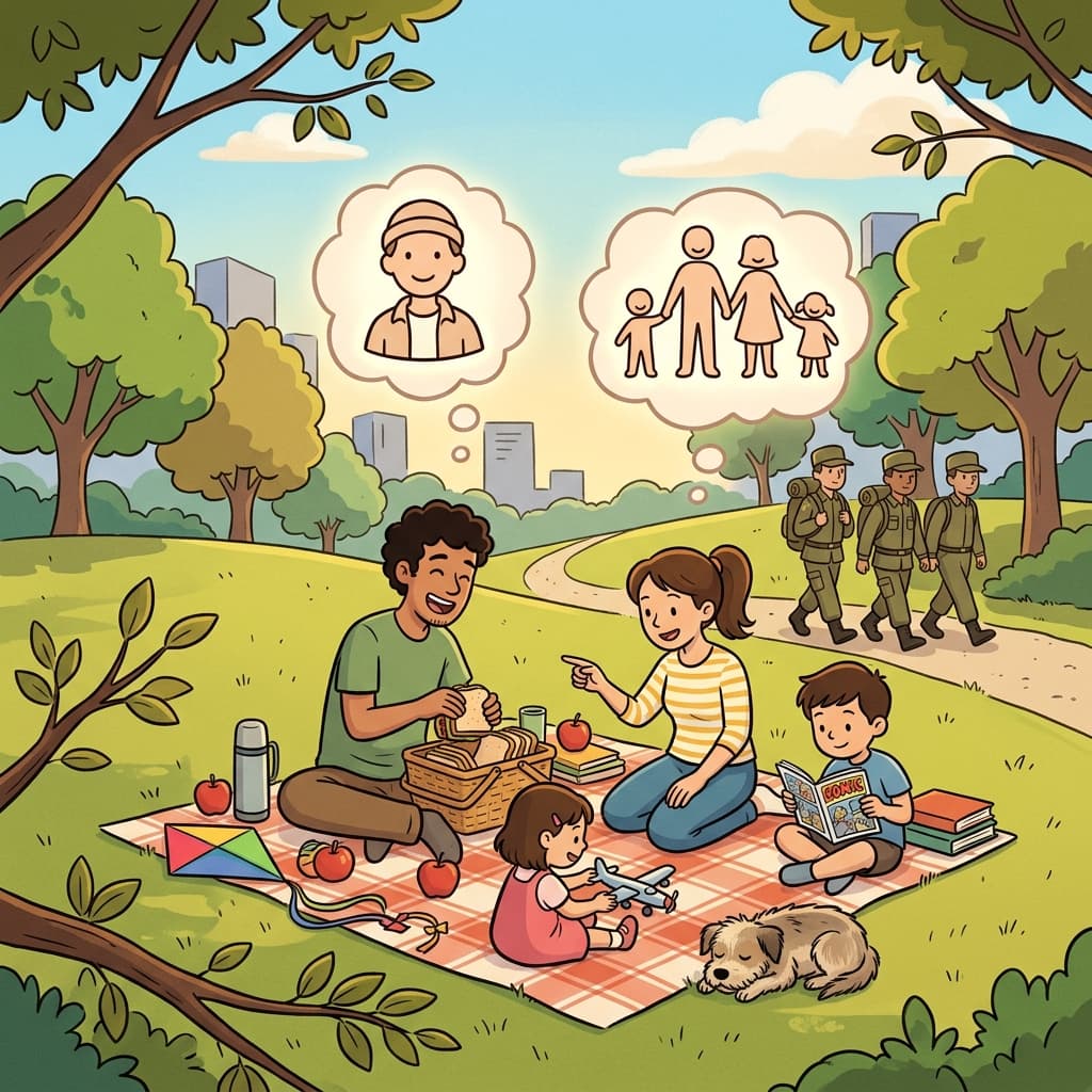 The civilian spent a peaceful day with his family in the park. (CIVIL + MAN → an ordinary person living everyday life)