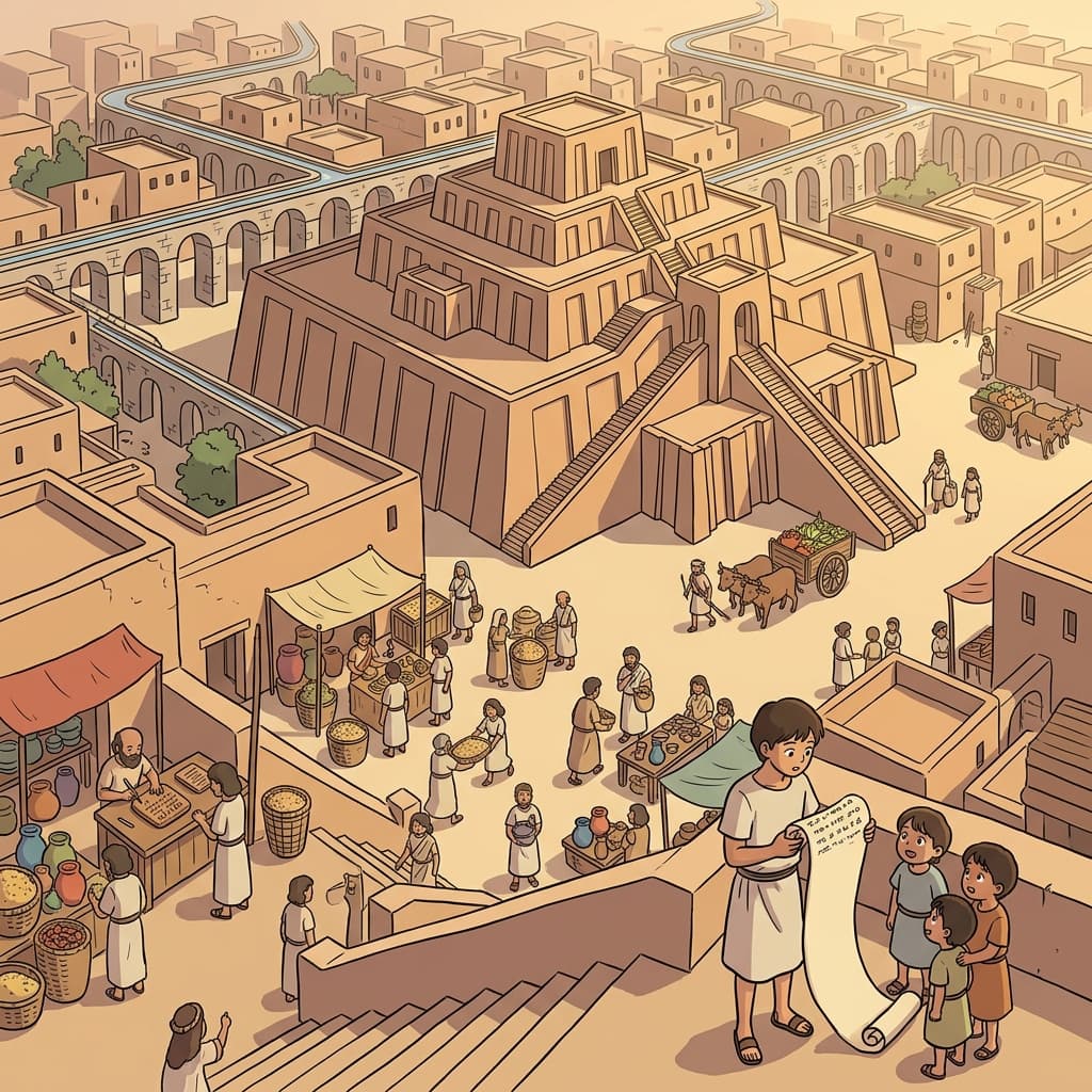 Ancient civilization rises with grand temples, bustling markets, and written scrolls.