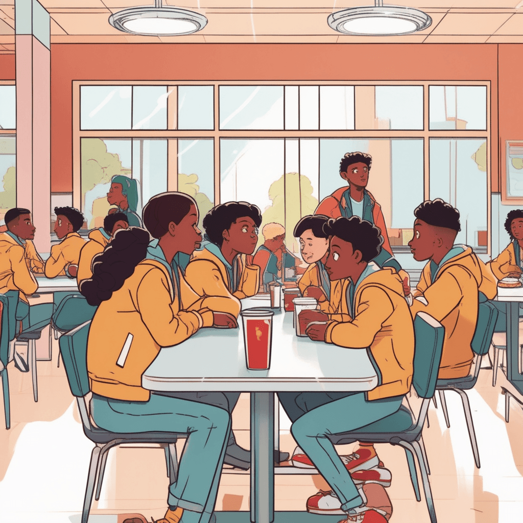 five students sit closely together at a round table, all wearing matching team jackets and leaning inward toward each other. They whisper and laugh while deliberately turning their backs to everyone else around them. A lonely student approaches their table hopefully carrying a lunch tray, looking for a place to sit. The group members immediately close ranks, pulling their chairs closer together and giving cold stares to block the newcomer. Other students in the background look uncomfortable and avoid eye contact with the excluded student. a group tending to exclude others outside their own circle while showing strong loyalty only to their inner members