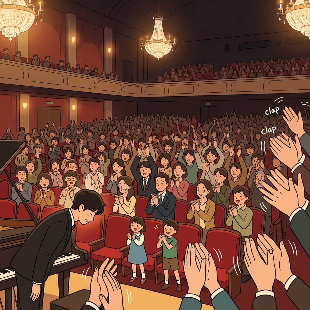 The audience stood up to clap wildly after the pianist's final note.