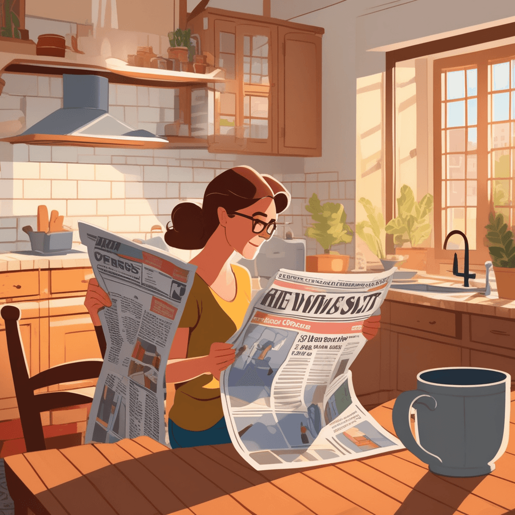 a middle-aged woman sits at a wooden table carefully examining different sections of an open newspaper with a magnifying glass. She points to specific small rectangular boxes arranged in neat columns while holding a red pen in her other hand. Her teenage daughter leans over her shoulder, both looking intently at the organized grid of small advertisement boxes. The mother circles certain ads while explaining something to her daughter about finding used furniture listings. Other sections of the newspaper show different categories of small ads arranged in distinct column groups. people using the part of a newspaper where small advertisements are placed and organized by category